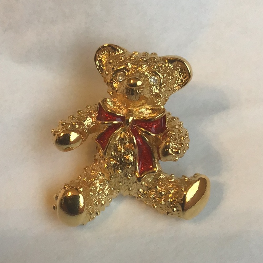 Vintage Avon Teddy Bear Pin, Gold-toned, Rhinestone Eyes, Red Enamel Bow